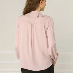 Allegra K Women's Chiffon Work Office Stand Collar Button Up Long Sleeve Shirts Blouse