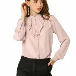 Allegra K Women's Chiffon Work Office Stand Collar Button Up Long Sleeve Shirts Blouse