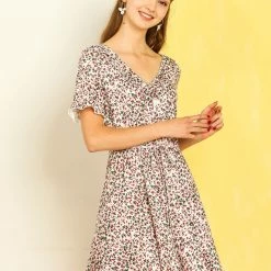 Allegra K Women's Ruffles V Neck Belted Short Sleeve Floral Prints Dress