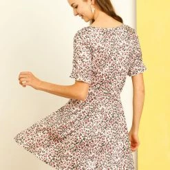 Allegra K Women's Ruffles V Neck Belted Short Sleeve Floral Prints Dress