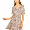 Allegra K Women's Ruffles V Neck Belted Short Sleeve Floral Prints Dress
