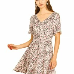 Allegra K Women's Ruffles V Neck Belted Short Sleeve Floral Prints Dress