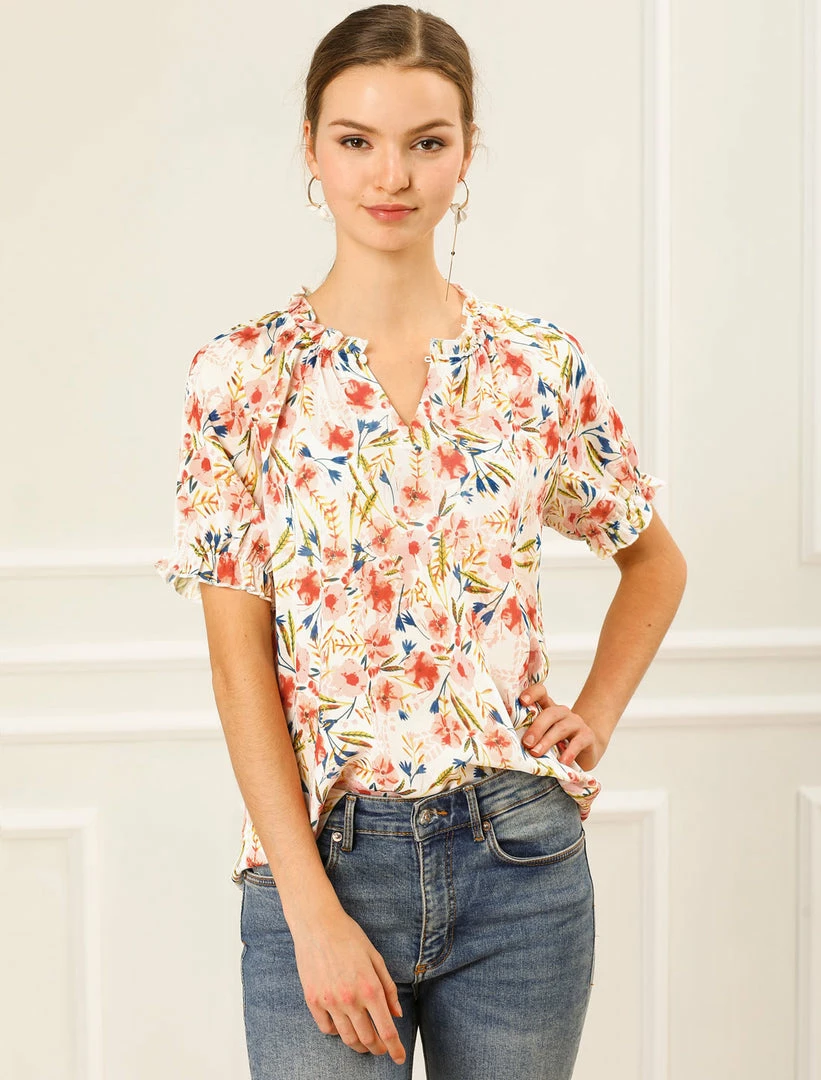 Allegra K Women's Floral Ruffled Short Sleeve Tops Ruffle Neck Casual Blouses 5 Allegra K Women's Floral Ruffled Short Sleeve Tops Ruffle Neck Casual Blouses
