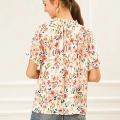 Allegra K Women's Floral Ruffled Short Sleeve Tops Ruffle Neck Casual Blouses 48 Allegra K Women's Floral Ruffled Short Sleeve Tops Ruffle Neck Casual Blouses