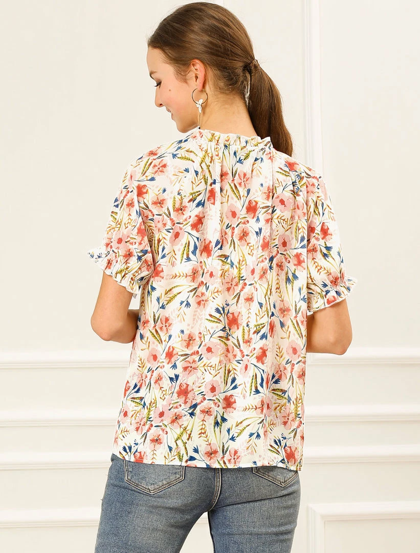 Allegra K Women's Floral Ruffled Short Sleeve Tops Ruffle Neck Casual Blouses 7 Allegra K Women's Floral Ruffled Short Sleeve Tops Ruffle Neck Casual Blouses