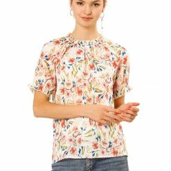 Allegra K Women's Floral Ruffled Short Sleeve Tops Ruffle Neck Casual Blouses