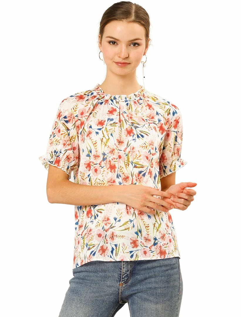 Allegra K Women's Floral Ruffled Short Sleeve Tops Ruffle Neck Casual Blouses 3 Allegra K Women's Floral Ruffled Short Sleeve Tops Ruffle Neck Casual Blouses