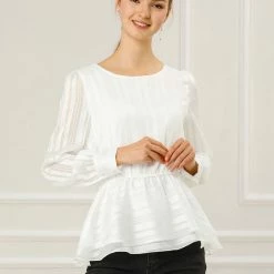 Allegra K Women's Peplum Tops Satin Long Sleeve Ruffled Boat Neck Blouses