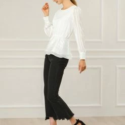 Allegra K Women's Peplum Tops Satin Long Sleeve Ruffled Boat Neck Blouses