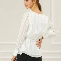 Allegra K Women's Peplum Tops Satin Long Sleeve Ruffled Boat Neck Blouses