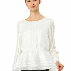 Allegra K Women's Peplum Tops Satin Long Sleeve Ruffled Boat Neck Blouses
