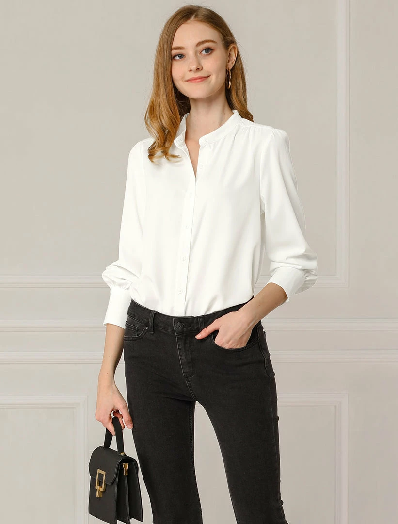 Allegra K Women's Work Office Stand Collar Button Down Long Sleeve Shirts Blouse 4 Allegra K Women's Work Office Stand Collar Button Down Long Sleeve Shirts Blouse