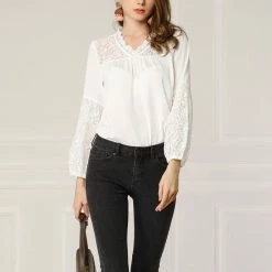 Allegra K Women's Lace Floral V Neck Long Puff Sleeve Blouse