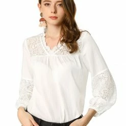 Allegra K Women's Lace Floral V Neck Long Puff Sleeve Blouse