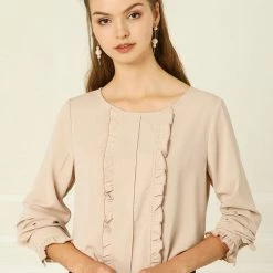 Allegra K Women's Work Office Ruffled Blouses Elegant Fall Long Sleeve Tops