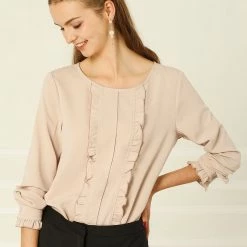 Allegra K Women's Work Office Ruffled Blouses Elegant Fall Long Sleeve Tops