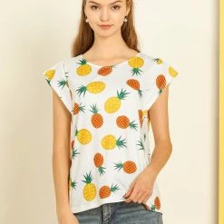 Allegra K Women's Pineapple Fruit Printed Crew Neck Cap Sleeve Top