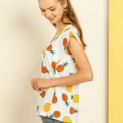 Allegra K Women's Pineapple Fruit Printed Crew Neck Cap Sleeve Top