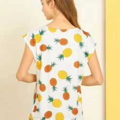 Allegra K Women's Pineapple Fruit Printed Crew Neck Cap Sleeve Top