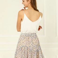 Allegra K Women's Ruffled Floral Print Skirt Elastic High Waist A-Line Sweet Layer Short Mini Skirts