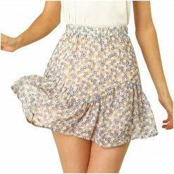 Allegra K Women's Ruffled Floral Print Skirt Elastic High Waist A-Line Sweet Layer Short Mini Skirts