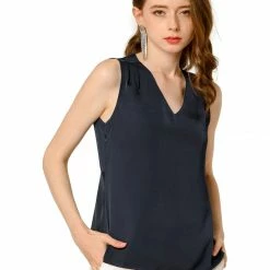Allegra K Women's Sleeveless Elegant V-Neck Sides Zippers Vintage Ruched Tops Blouses