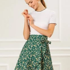 Allegra K Women's Ditsy Floral Print Faux Wrap High Waist Elastic Back Ruffle Hem A-Line Mini Short Skirts 22 Allegra K Women's Ditsy Floral Print Faux Wrap High Waist Elastic Back Ruffle Hem A-Line Mini Short Skirts