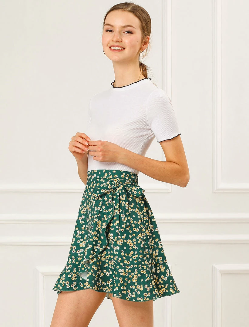 Allegra K Women's Ditsy Floral Print Faux Wrap High Waist Elastic Back Ruffle Hem A-Line Mini Short Skirts 6 Allegra K Women's Ditsy Floral Print Faux Wrap High Waist Elastic Back Ruffle Hem A-Line Mini Short Skirts
