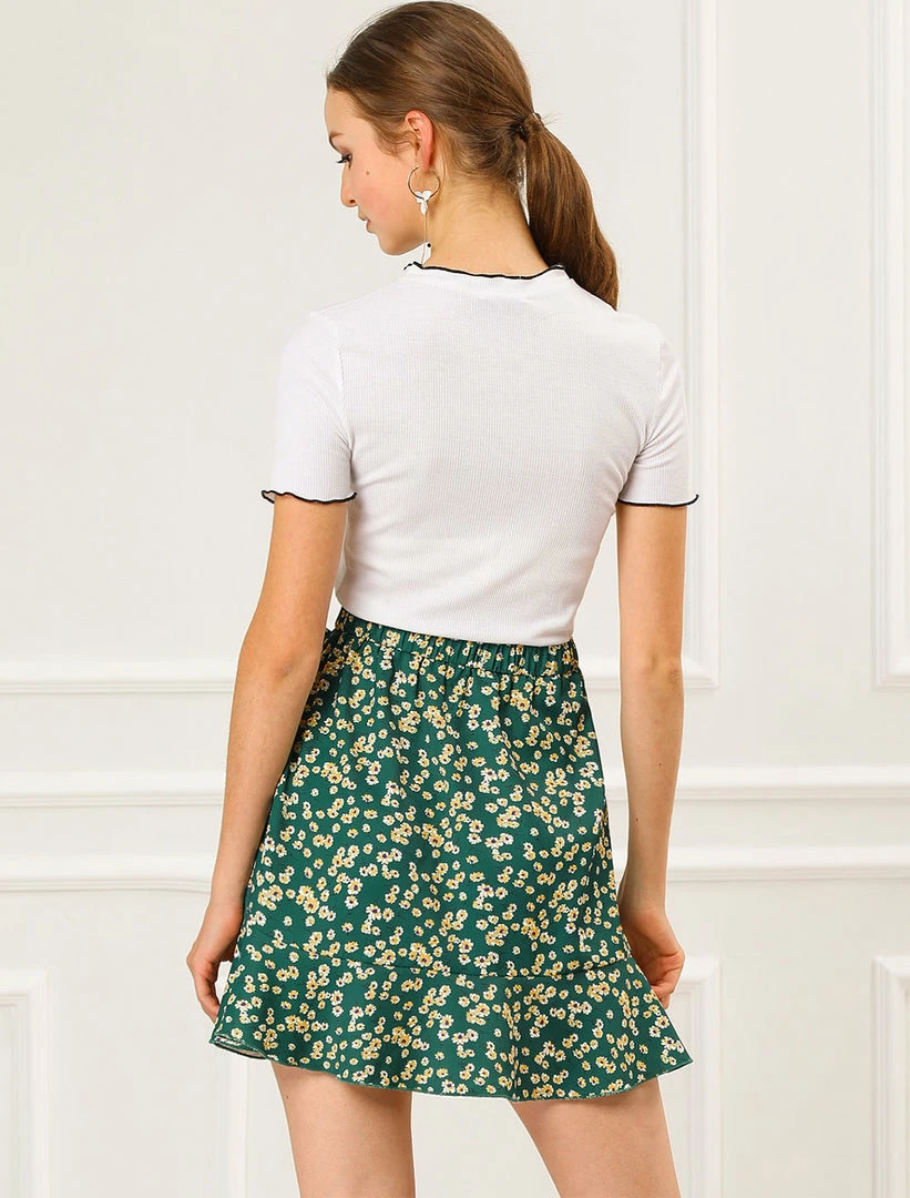 Allegra K Women's Ditsy Floral Print Faux Wrap High Waist Elastic Back Ruffle Hem A-Line Mini Short Skirts 7 Allegra K Women's Ditsy Floral Print Faux Wrap High Waist Elastic Back Ruffle Hem A-Line Mini Short Skirts