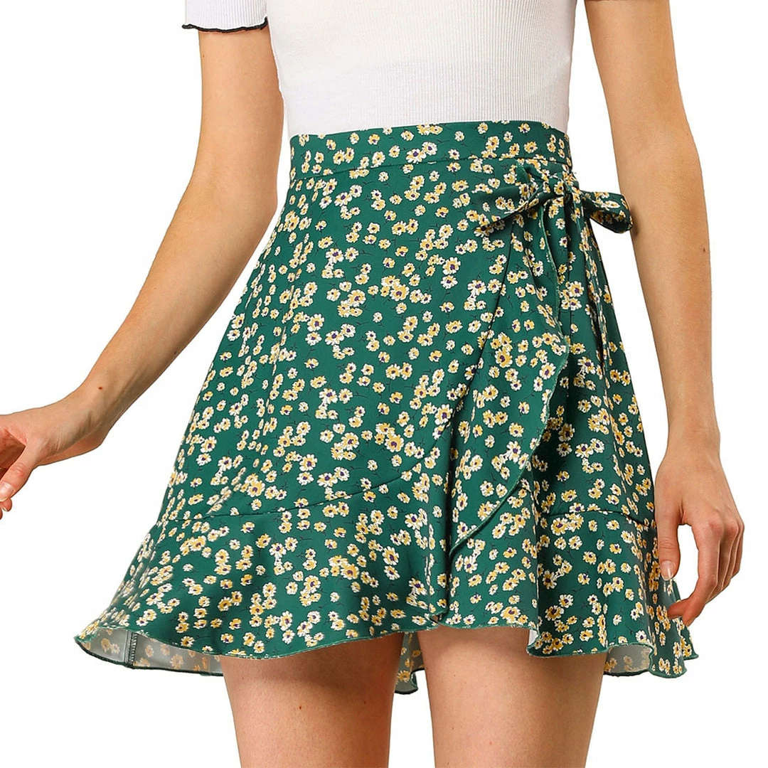 Allegra K Women's Ditsy Floral Print Faux Wrap High Waist Elastic Back Ruffle Hem A-Line Mini Short Skirts 3 Allegra K Women's Ditsy Floral Print Faux Wrap High Waist Elastic Back Ruffle Hem A-Line Mini Short Skirts