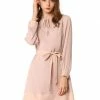 Allegra K Women's Tie Neck Keyhole Colorblock Belted Long Sleeve Straight Dress
