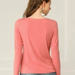 Allegra K Women's Casual Sweetheart Neck Solid Long Sleeves Fitted Top