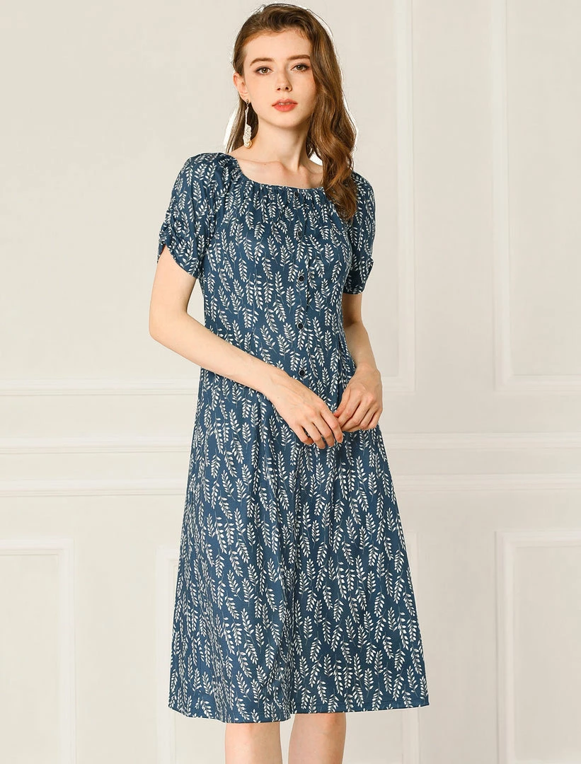 Allegra K Women's Pleated Waist Ruched Sleeve Floral Prints Flare Dress 4 Allegra K Women's Pleated Waist Ruched Sleeve Floral Prints Flare Dress