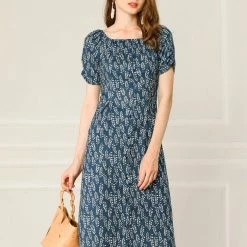 Allegra K Women's Pleated Waist Ruched Sleeve Floral Prints Flare Dress 22 Allegra K Women's Pleated Waist Ruched Sleeve Floral Prints Flare Dress