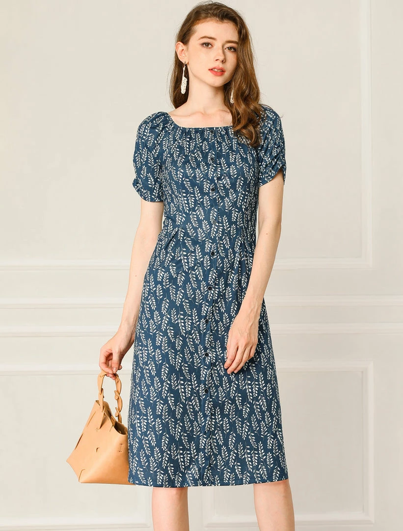 Allegra K Women's Pleated Waist Ruched Sleeve Floral Prints Flare Dress 5 Allegra K Women's Pleated Waist Ruched Sleeve Floral Prints Flare Dress