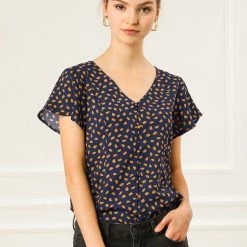 Allegra K Women's Ruffles Sleeve V Neck Button Up Polka Dot Print Blouse Top