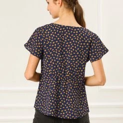 Allegra K Women's Ruffles Sleeve V Neck Button Up Polka Dot Print Blouse Top