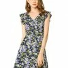 Allegra K Women's Casual Floral Print Ruched Front V Neck A-Line Ruffle Sleeveless Flare Dress