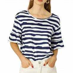 Allegra K Women's Striped Flare Sleeve Round Neck Loose Tops Casual T-Shirt