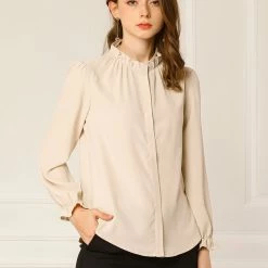 Allegra K Women's Button-Down Work Office Tops Chiffon Ruffled Stand Collar Blouse 39 Allegra K Women's Button-Down Work Office Tops Chiffon Ruffled Stand Collar Blouse
