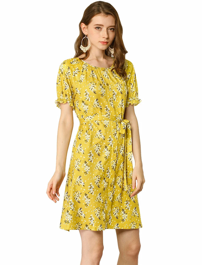 Allegra K Women's Floral Short Sleeve Summer Casual Ruffle Tie Waist Dress 3 Allegra K Women's Floral Short Sleeve Summer Casual Ruffle Tie Waist Dress