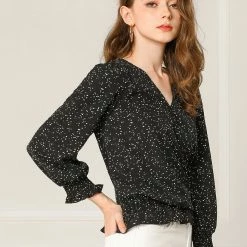 Allegra K Women's Polka Dot Cross V Neck Ruffle Vintage Blouse Top