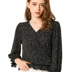 Allegra K Women's Polka Dot Cross V Neck Ruffle Vintage Blouse Top