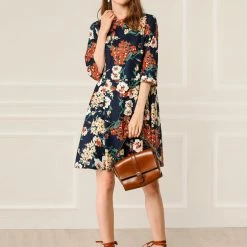 Allegra K Women's Floral Half Sleeve Dresses Vintage Boat Neck Flare Dress