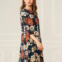Allegra K Women's Floral Half Sleeve Dresses Vintage Boat Neck Flare Dress