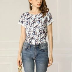 Allegra K Women's Floral Short Sleeve Back V Neck Lace Trim Casual Tee T-Shirt