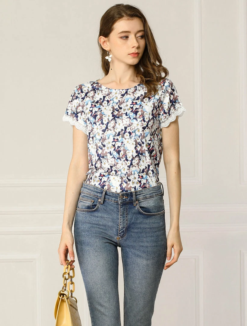 Allegra K Women's Floral Short Sleeve Back V Neck Lace Trim Casual Tee T-Shirt 4 Allegra K Women's Floral Short Sleeve Back V Neck Lace Trim Casual Tee T-Shirt
