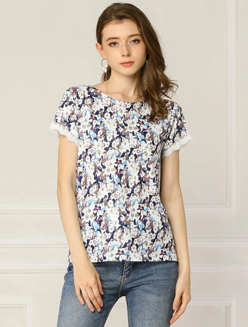 Allegra K Women's Floral Short Sleeve Back V Neck Lace Trim Casual Tee T-Shirt 5 Allegra K Women's Floral Short Sleeve Back V Neck Lace Trim Casual Tee T-Shirt