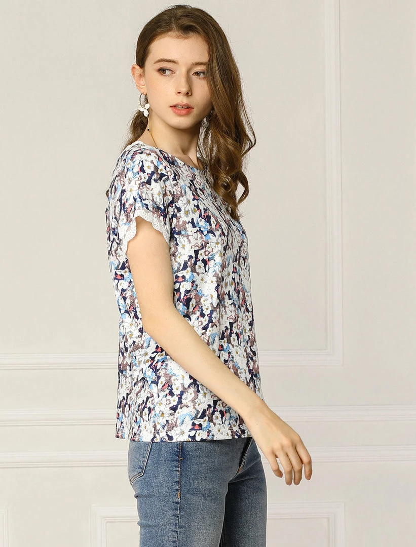 Allegra K Women's Floral Short Sleeve Back V Neck Lace Trim Casual Tee T-Shirt 6 Allegra K Women's Floral Short Sleeve Back V Neck Lace Trim Casual Tee T-Shirt