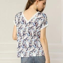 Allegra K Women's Floral Short Sleeve Back V Neck Lace Trim Casual Tee T-Shirt 18 Allegra K Women's Floral Short Sleeve Back V Neck Lace Trim Casual Tee T-Shirt